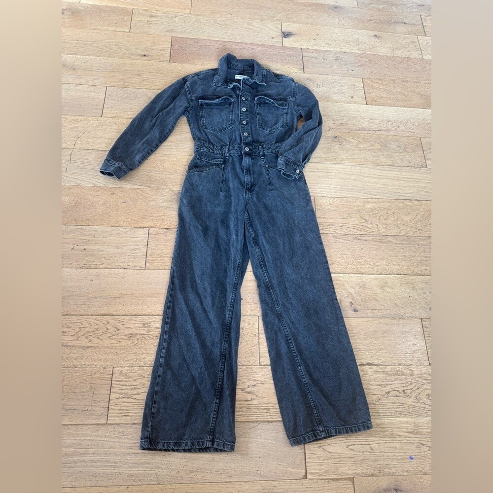 We The Free Free People Marci Denim Jumpsuit Washed Black Wide Leg Small (727)